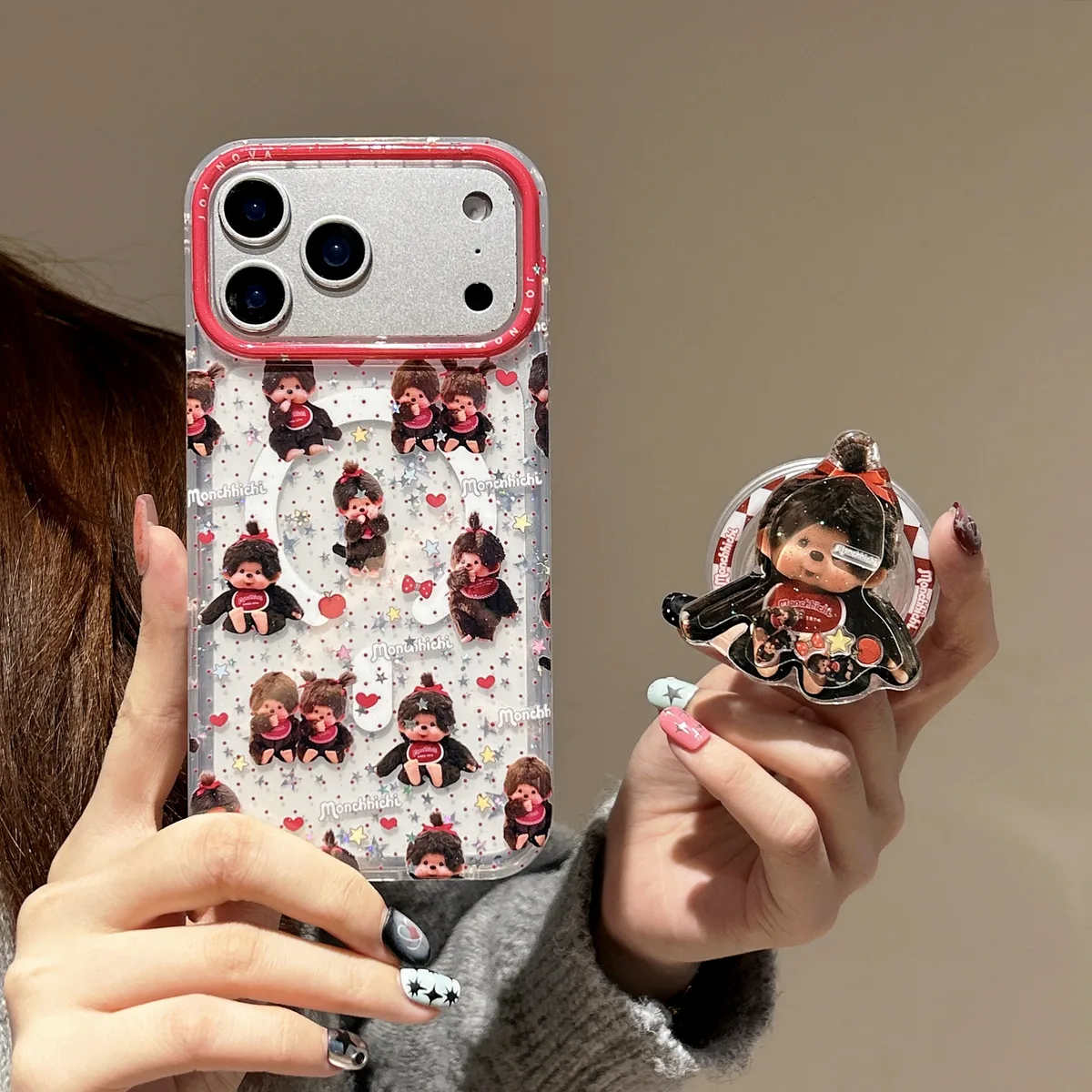 Monchhichi Clear Glitter Fill Red Rim With 3D Charm Phone Case for iPhone 17 16 15 14 13 Pro Max — MagSafe